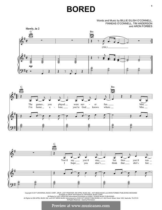 Bored (from 13 Reasons Why): For voice and piano (or guitar) by Finneas O'Connell, Tim Anderson, Billie Eilish, Aron Forbes