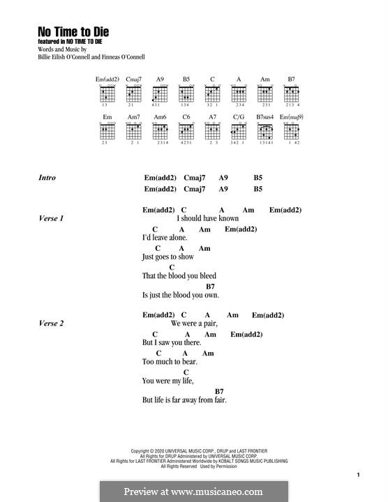 No Time To Die (Billie Eilish): For guitar by Finneas O'Connell, Billie Eilish