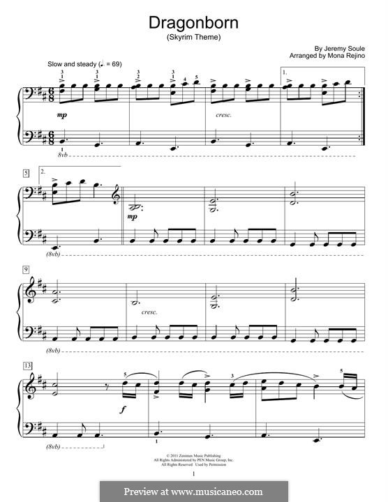 Dragonborn (Skyrim Theme): For piano by Jeremy Soule