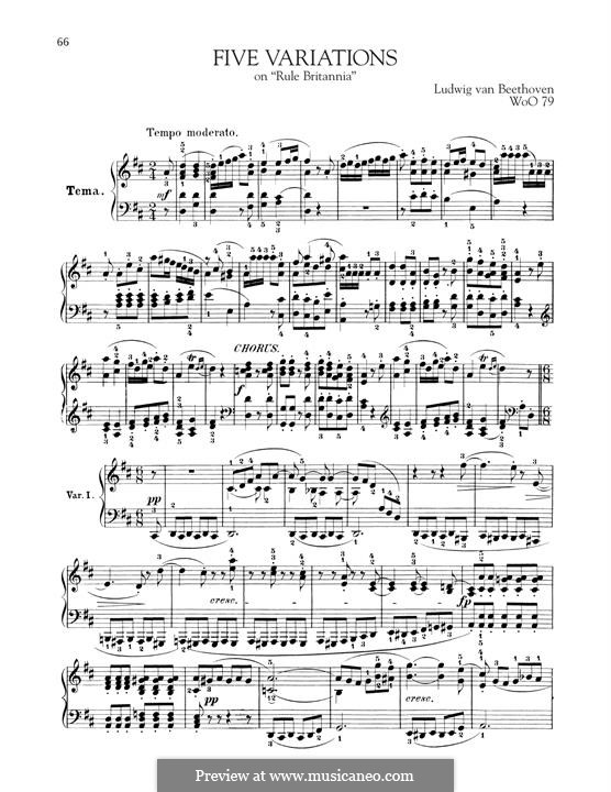 Five Variations on the Popular English Song 'Rule Britannia', WoO 79: For piano by Ludwig van Beethoven