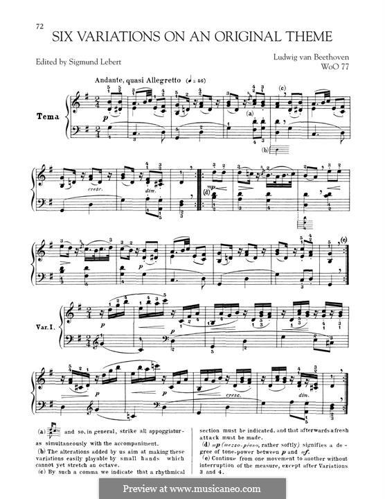 Six Variations on an Original Theme, WoO 77: For piano by Ludwig van Beethoven