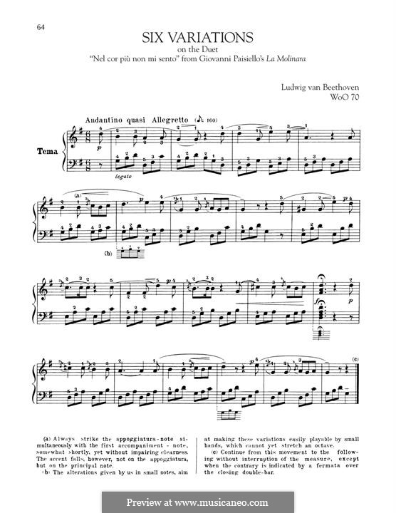 Six Variations on 'Nel cor più non mi sento' from 'La Molinara' by G.Paisiello, WoO70: For piano by Ludwig van Beethoven