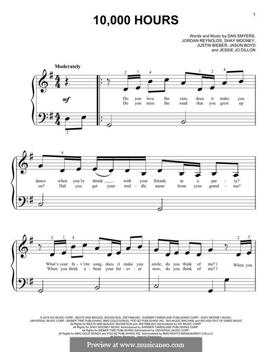 10,000 Hours (Dan + Shay & Justin Bieber): For easy piano by Jason Boyd, Justin Bieber, Shay Mooney, Dan Smyers, Jessie Dillon, Jordan Reynolds