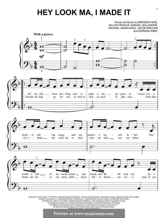 Hey Look Ma, I Made It (Panic! At The Disco): For piano by Brendon Urie, Michael Angelakos, Sam Hollander, Jacob Sinclair, Morgan Kibby, Dillon Francis