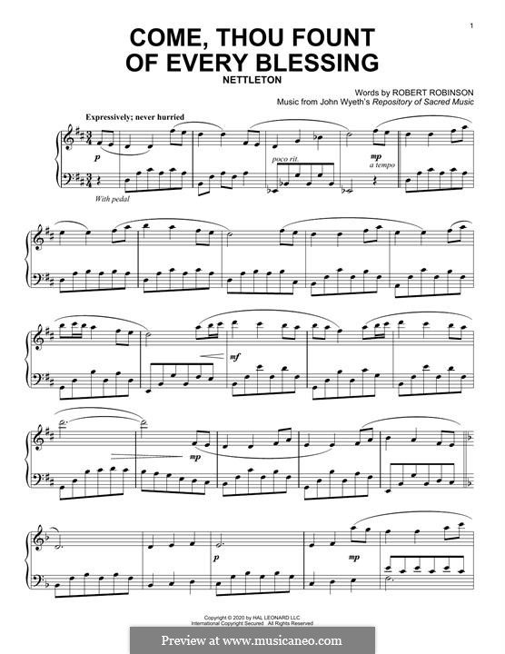 Come, Thou Fount of Every Blessing: For easy piano by John Wyeth
