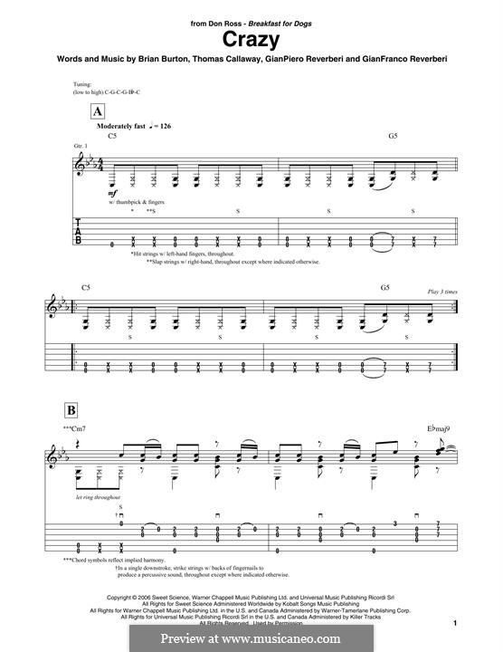 Crazy (Gnarls Barkley): For guitar by Brian Burton, Gian Piero Reverberi, Gianfranco Reverberi, Thomas Callaway