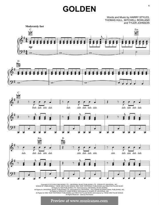 Golden (Harry Styles): For voice and piano (or guitar) by Tom Hull, Tyler Sam Johnson, Mitch Rowland