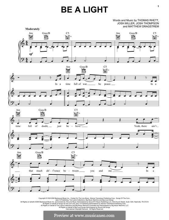 Be A Light: For voice and piano (or guitar) by Joshua Miller, Joshua Thompson, Thomas Rhett, Matt Dragstrem