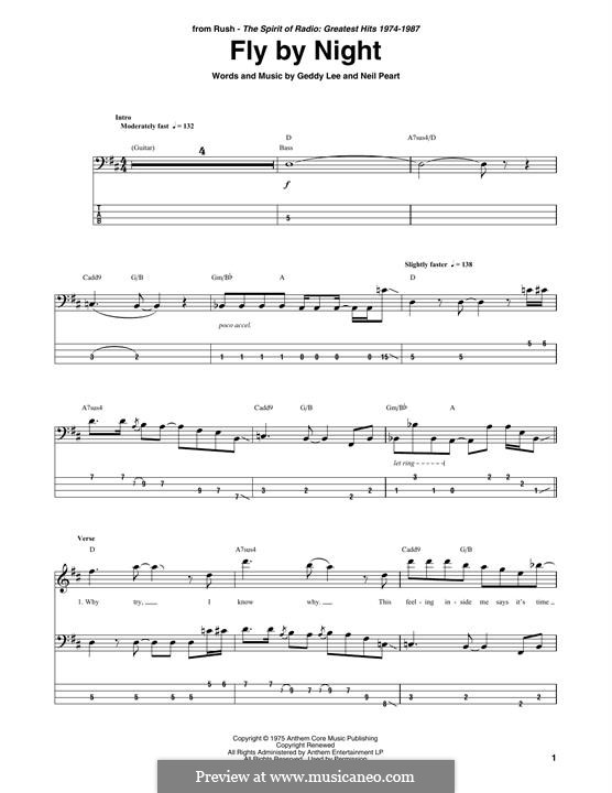 Fly By Night (Rush): For bass guitar by Alex Lifeson