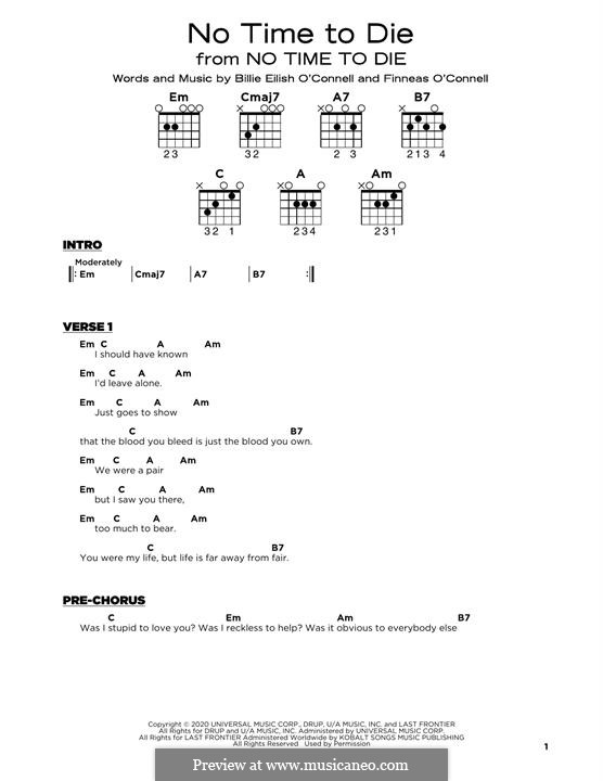 No Time To Die (Billie Eilish): For guitar by Finneas O'Connell, Billie Eilish