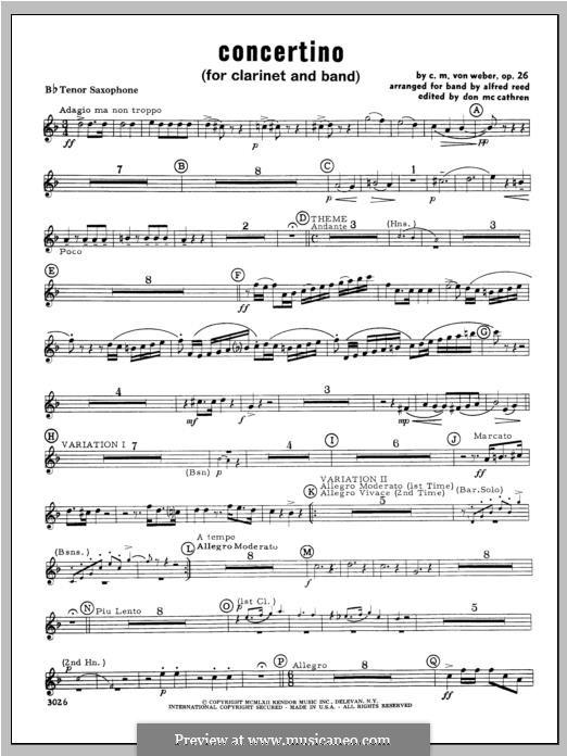 Concertino for Clarinet and Orchestra, J.109 Op.26: Tenor Sax part by Carl Maria von Weber