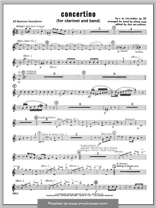 Concertino for Clarinet and Orchestra, J.109 Op.26: Baritone Sax part by Carl Maria von Weber