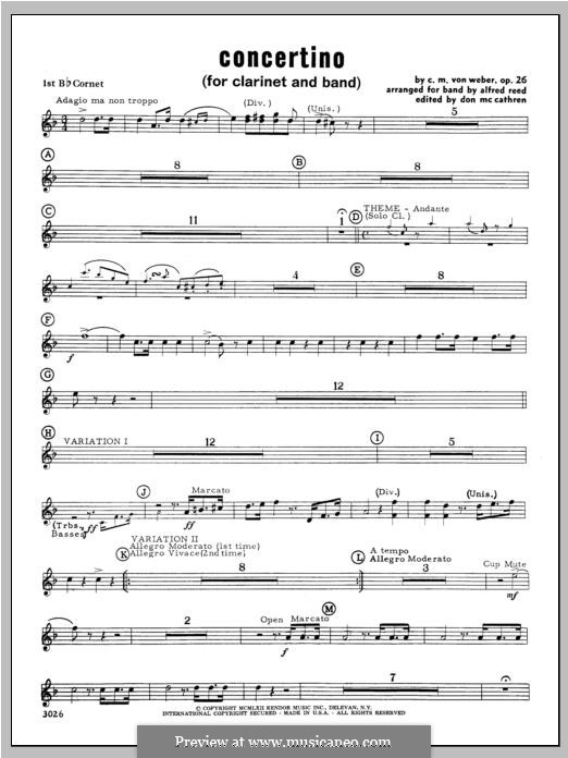 Concertino for Clarinet and Orchestra, J.109 Op.26: Bb Cornet 1 part by Carl Maria von Weber