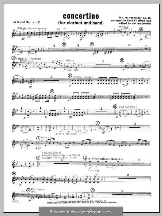 Concertino for Clarinet and Orchestra, J.109 Op.26: F Horn 1 & 2 part by Carl Maria von Weber