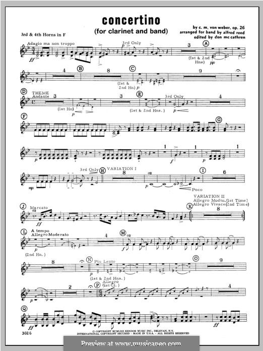 Concertino for Clarinet and Orchestra, J.109 Op.26: F Horn 3 & 4 part by Carl Maria von Weber