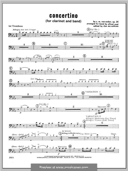 Concertino for Clarinet and Orchestra, J.109 Op.26: Trombone 1 part by Carl Maria von Weber