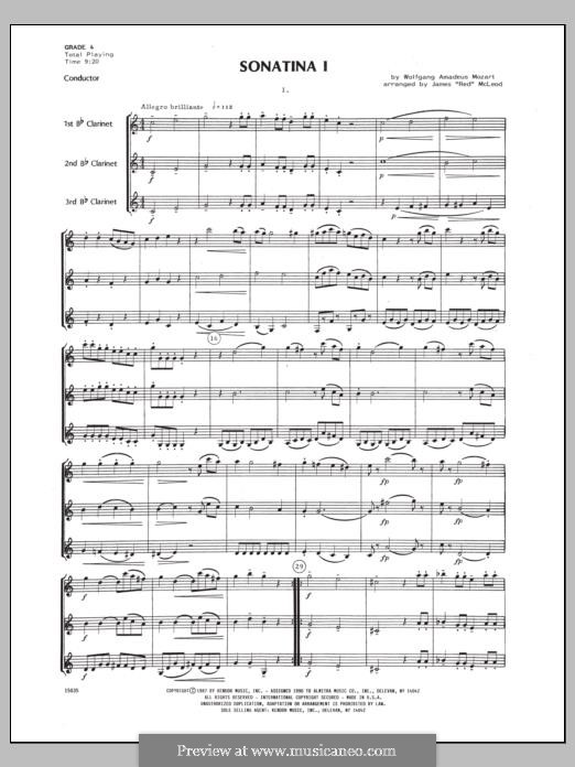 Sonatina for Piano in C Major: For clarinets - full score by Wolfgang Amadeus Mozart