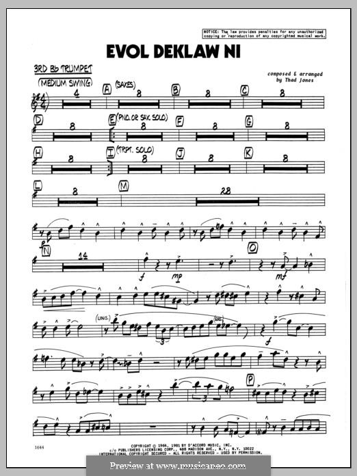 Evol Deklaw Ni: 3rd Bb Trumpet part by Thad Jones