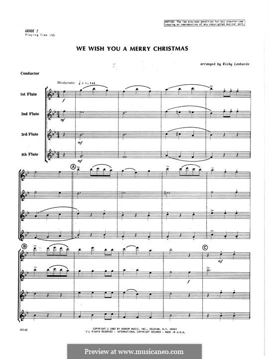 We Wish You a Merry Christmas (Printable Scores): For quartet flutes – full score by folklore