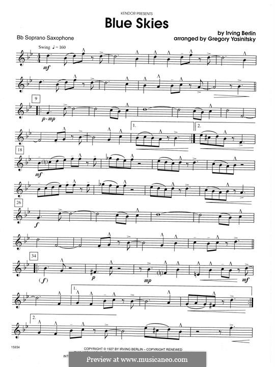 Blue Skies (Chamber arrangements): For saxophones – Bb Soprano Sax part by Irving Berlin