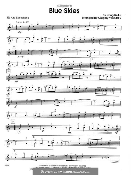 Blue Skies (Chamber arrangements): For saxophones – Eb Alto Saxophone part by Irving Berlin
