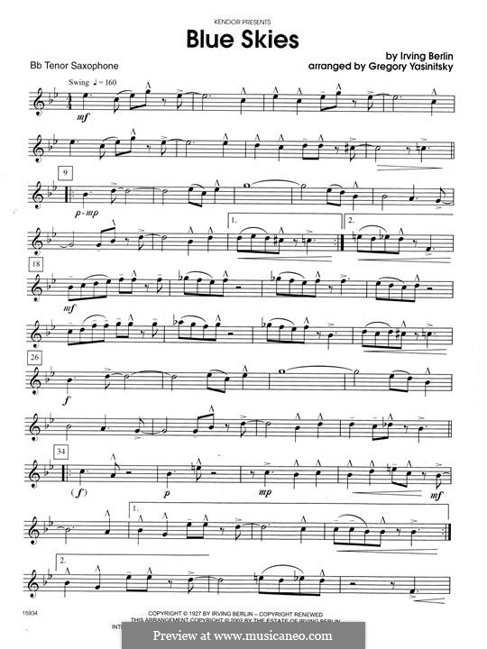 Blue Skies (Chamber arrangements): For saxophones – Bb Tenor Saxophone part by Irving Berlin