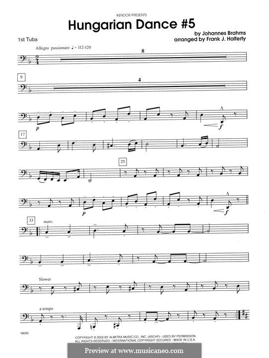 Dance No.5 in F Sharp Minor (Printable scores): For wind quartet – Tuba 1 part by Johannes Brahms