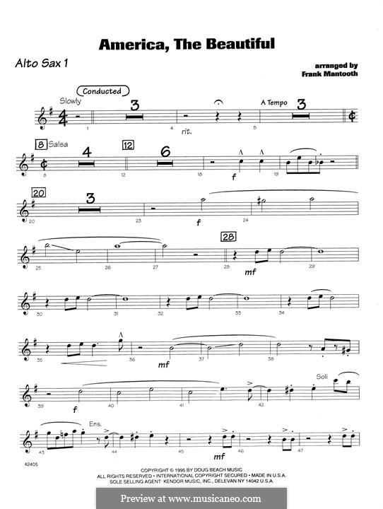 America, The Beautiful: For orchestra - 1st Eb Alto Saxophone part by Samuel Augustus Ward