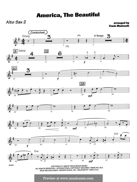 America, The Beautiful: For orchestra - 2nd Eb Alto Saxophone part by Samuel Augustus Ward