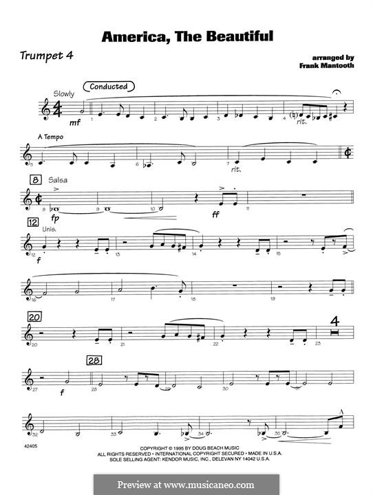 America, The Beautiful: For orchestra - 4th Bb Trumpet part by Samuel Augustus Ward