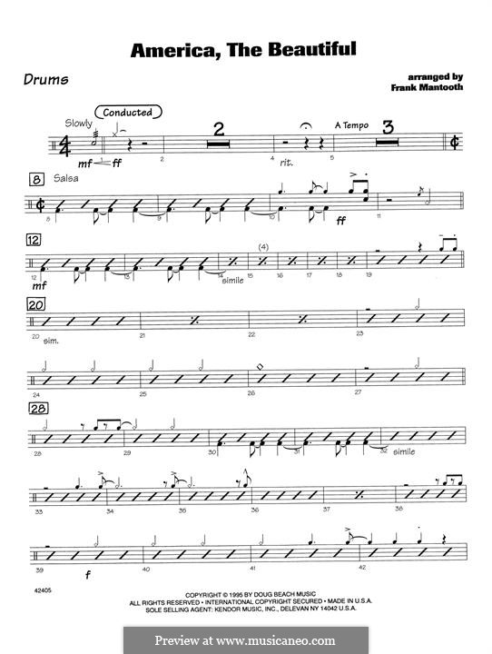 America, The Beautiful: For orchestra - Drum Set part by Samuel Augustus Ward