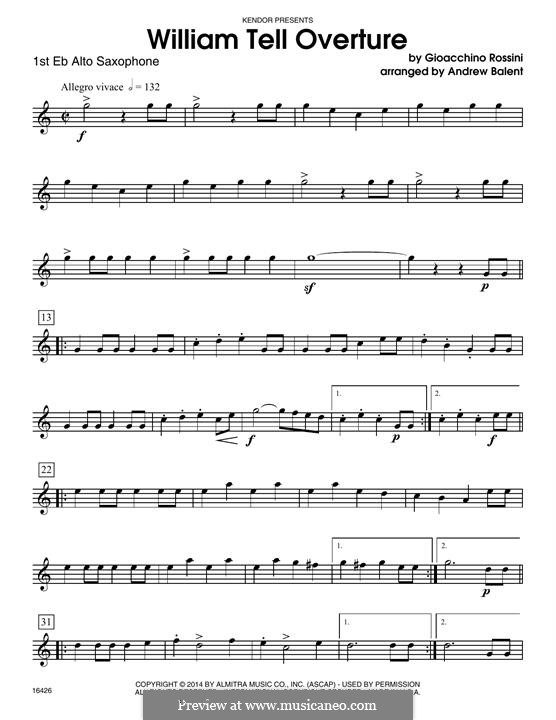 Overture (Printable Scores): For quartet saxophones – 1st Eb Alto Saxophone part by Gioacchino Rossini