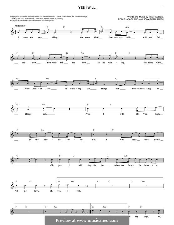 Yes I Will (Vertical Worship): For keyboard by Jonathan Smith, Eddie Hoagland, Mia Fieldes
