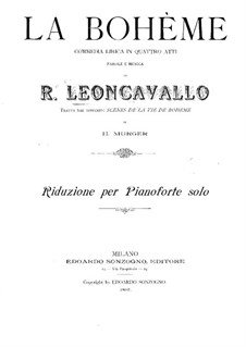 La bohème: Arrangement for piano by Ruggero Leoncavallo