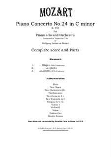 Concerto for Piano and Orchestra No.24 in C Minor, K.491: Score and parts by Wolfgang Amadeus Mozart