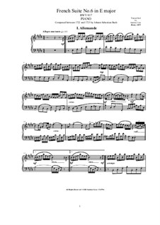 Suite No.6 in E Major, BWV 817: For piano by Johann Sebastian Bach