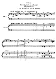 Six épigraphes antiques, L.131: Complete set, for piano four hands by Claude Debussy