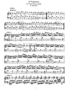 Twelve Variations on 'Ah vous dirais-je, Maman', K.265/300e: For piano by Wolfgang Amadeus Mozart