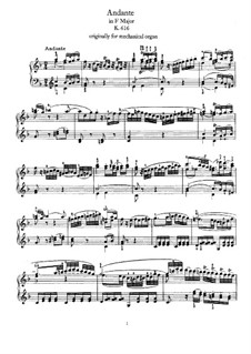 Andante for Small Mechanical Organ in F Major, K.616: Version for piano by Wolfgang Amadeus Mozart