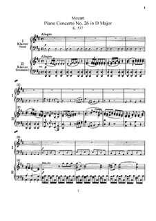 Concerto for Piano and Orchestra No.26 in D Major 'Coronation', K.537: Arrangement for two pianos four hands by Wolfgang Amadeus Mozart