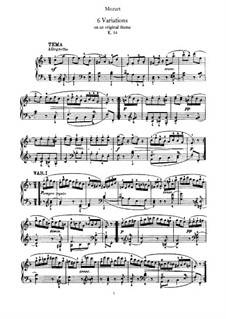 Six Variations on Original Theme, K.54: For piano by Wolfgang Amadeus Mozart