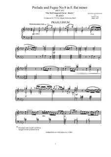 Prelude and Fugue No.8 in E Flat Minor, BWV 853: For piano by Johann Sebastian Bach