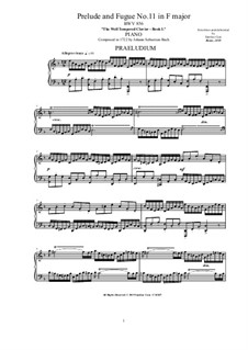 Prelude and Fugue No.11 in F Major, BWV 856: For piano by Johann Sebastian Bach