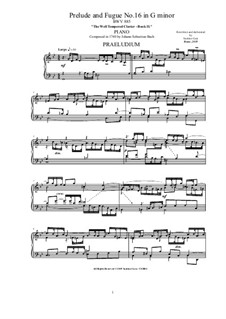 Prelude and Fugue No.16 in G Minor, BWV 885: For piano by Johann Sebastian Bach