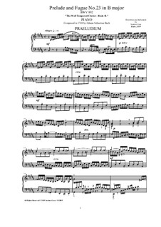 Prelude and Fugue No.23 in B Major, BWV 892: For piano by Johann Sebastian Bach