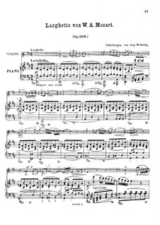 Quintet for Clarinet and Strings in A Major, K.581: Movement II. Arrangement for violin and piano by Wolfgang Amadeus Mozart