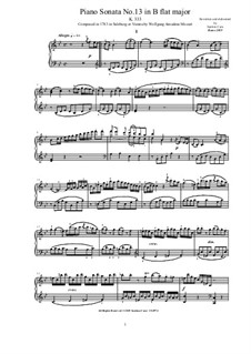 Sonata for Piano No.13 in B Flat Major, K.333: For a single performer by Wolfgang Amadeus Mozart