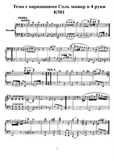 Andante and Variations for Piano Four Hands in G Major, K.501: Parts by Wolfgang Amadeus Mozart