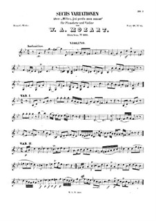 Six Variations on 'Helas, j'ai perdu mon amant', K.360: For violin and piano – violin part by Wolfgang Amadeus Mozart