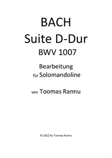 Suite for Cello No.1 in G Major, BWV 1007: Arrangement for mandolin by Johann Sebastian Bach